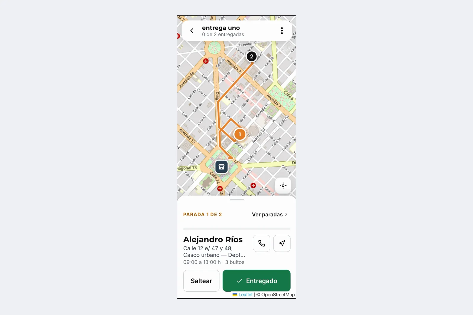 The driver's view: stop by stop, with call, navigate, skip and mark as delivered