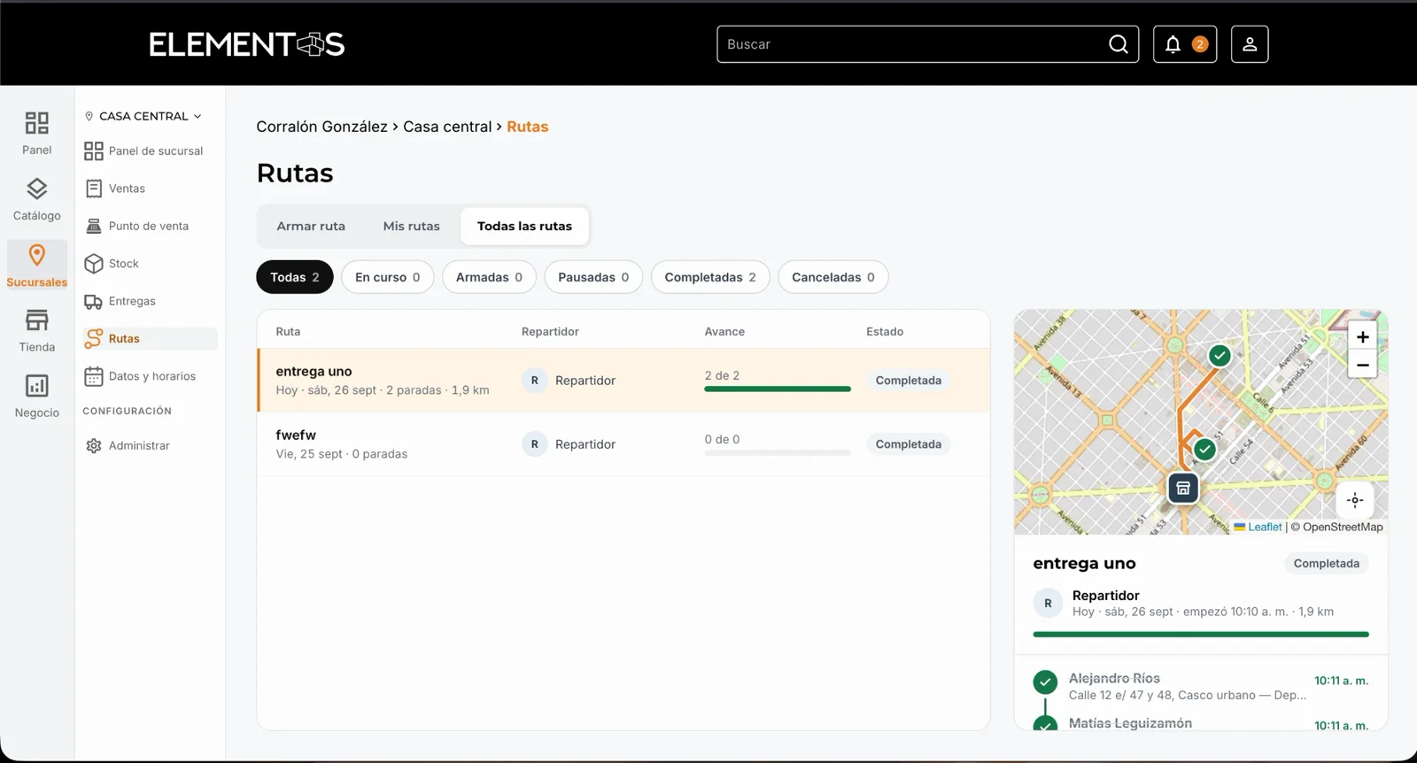 All routes: live progress per driver, and the detail with the time of each delivery