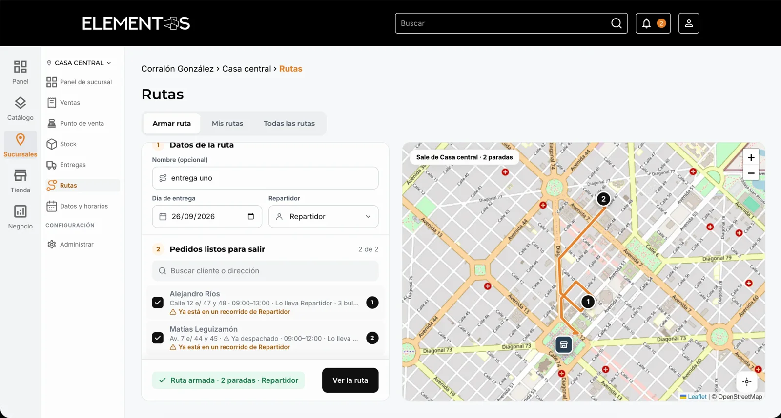 Building a route: pick the orders that are ready and the self-hosted ORS returns them already sequenced