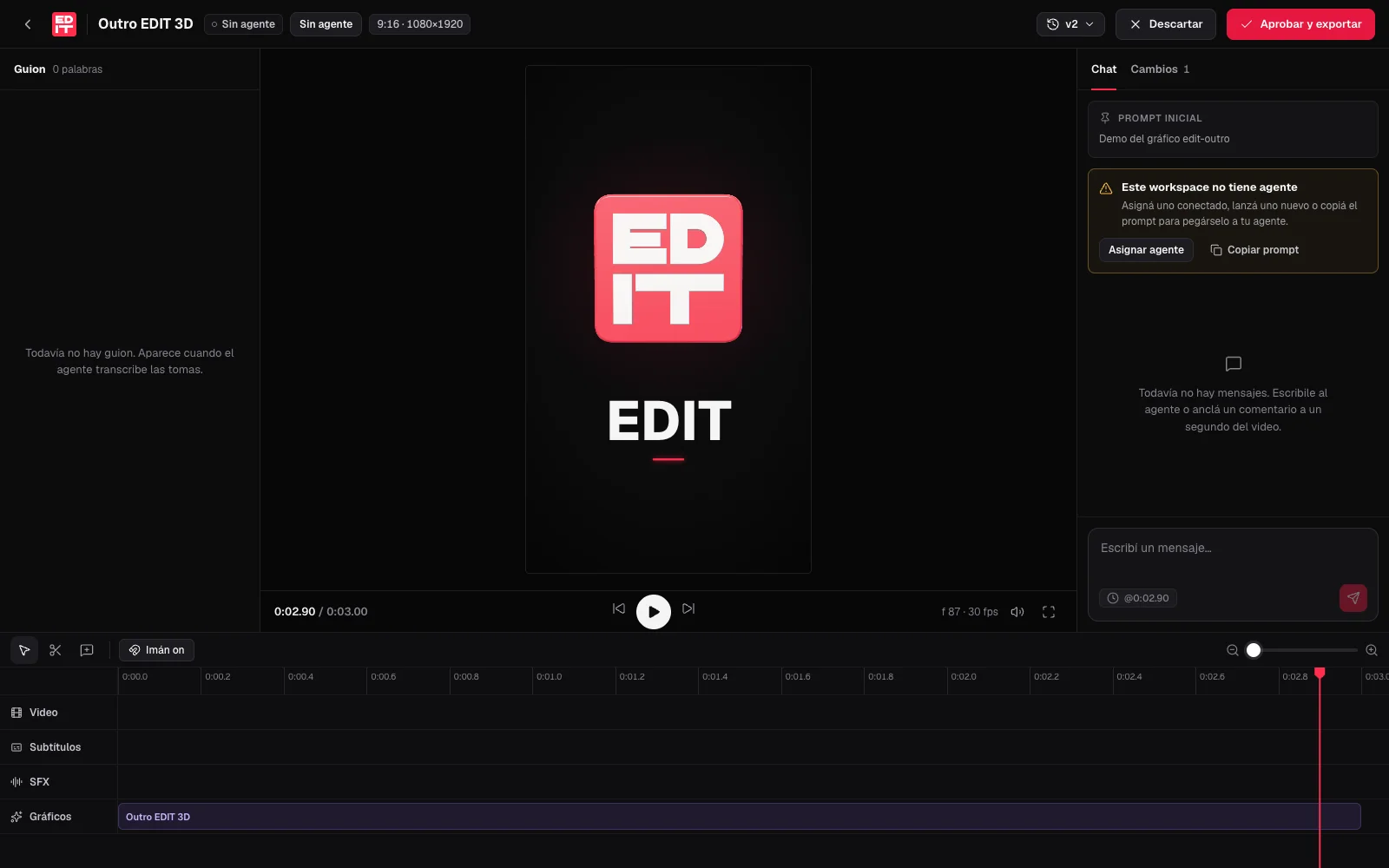 The editor with the 3D EDIT outro on the graphics track