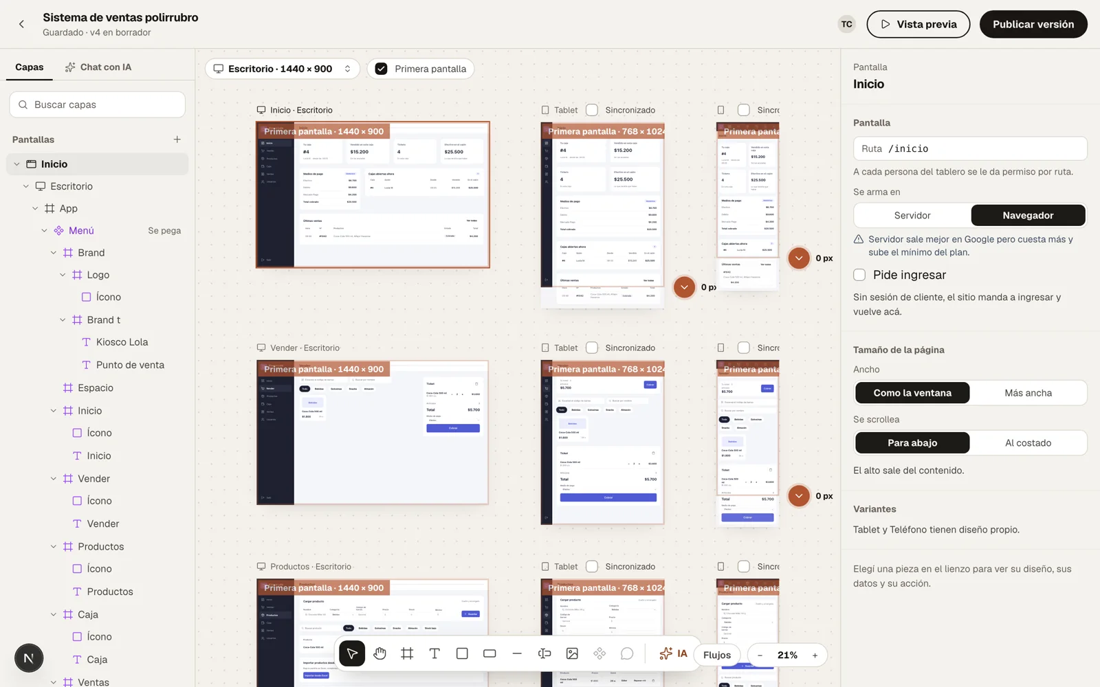 The canvas: free drawing, every screen in its three variants, with the layer tree and the inspector alongside