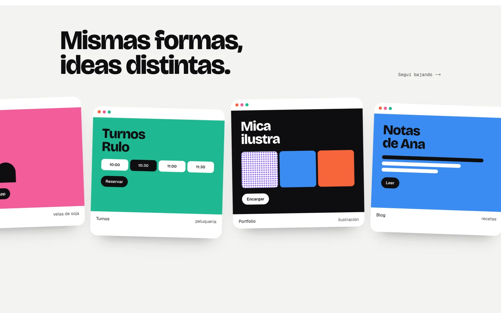 Same pieces, different sites: shop, bookings, portfolio and blog