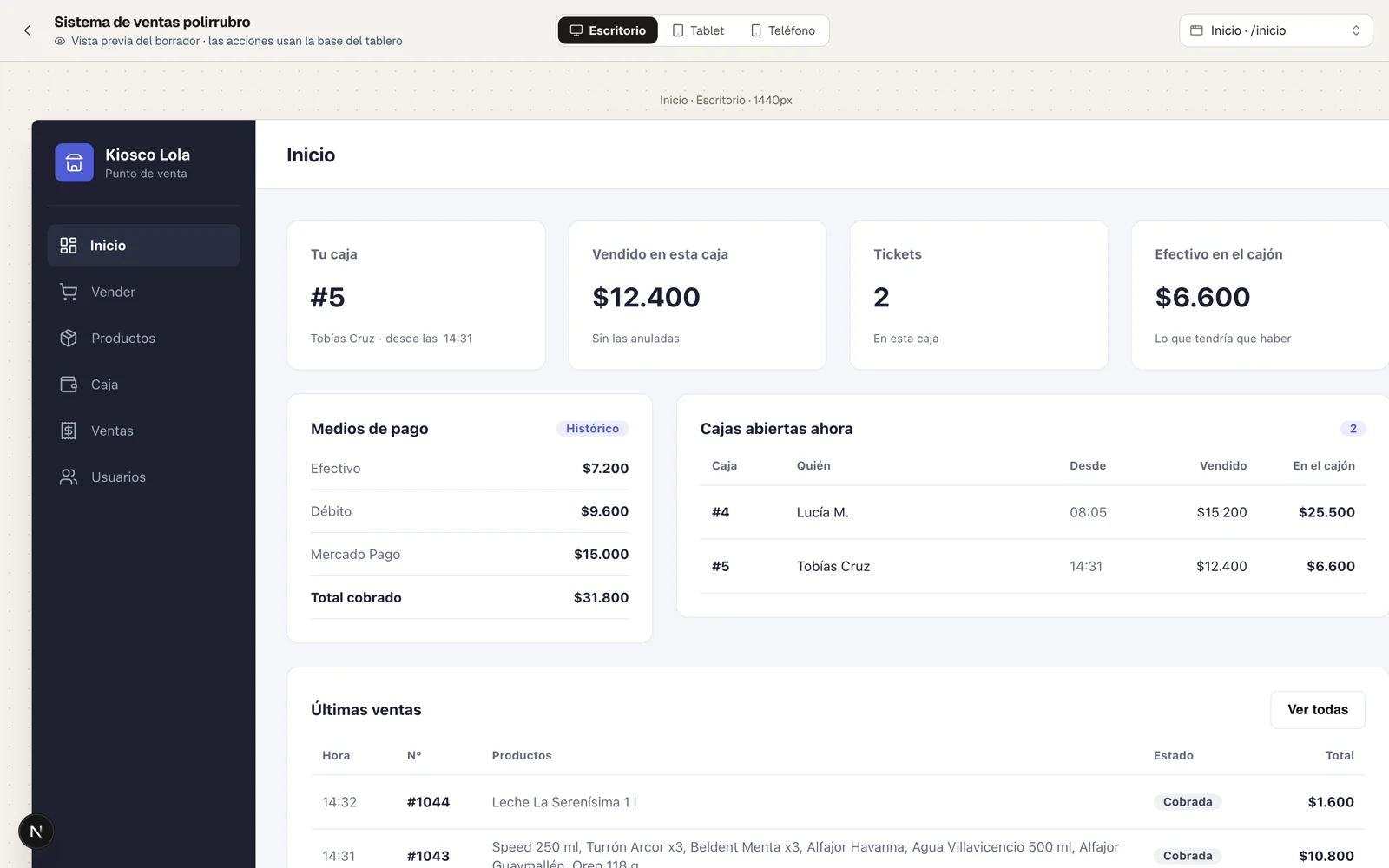 The same board already running: a point of sale with an open till, payment methods and the latest sales